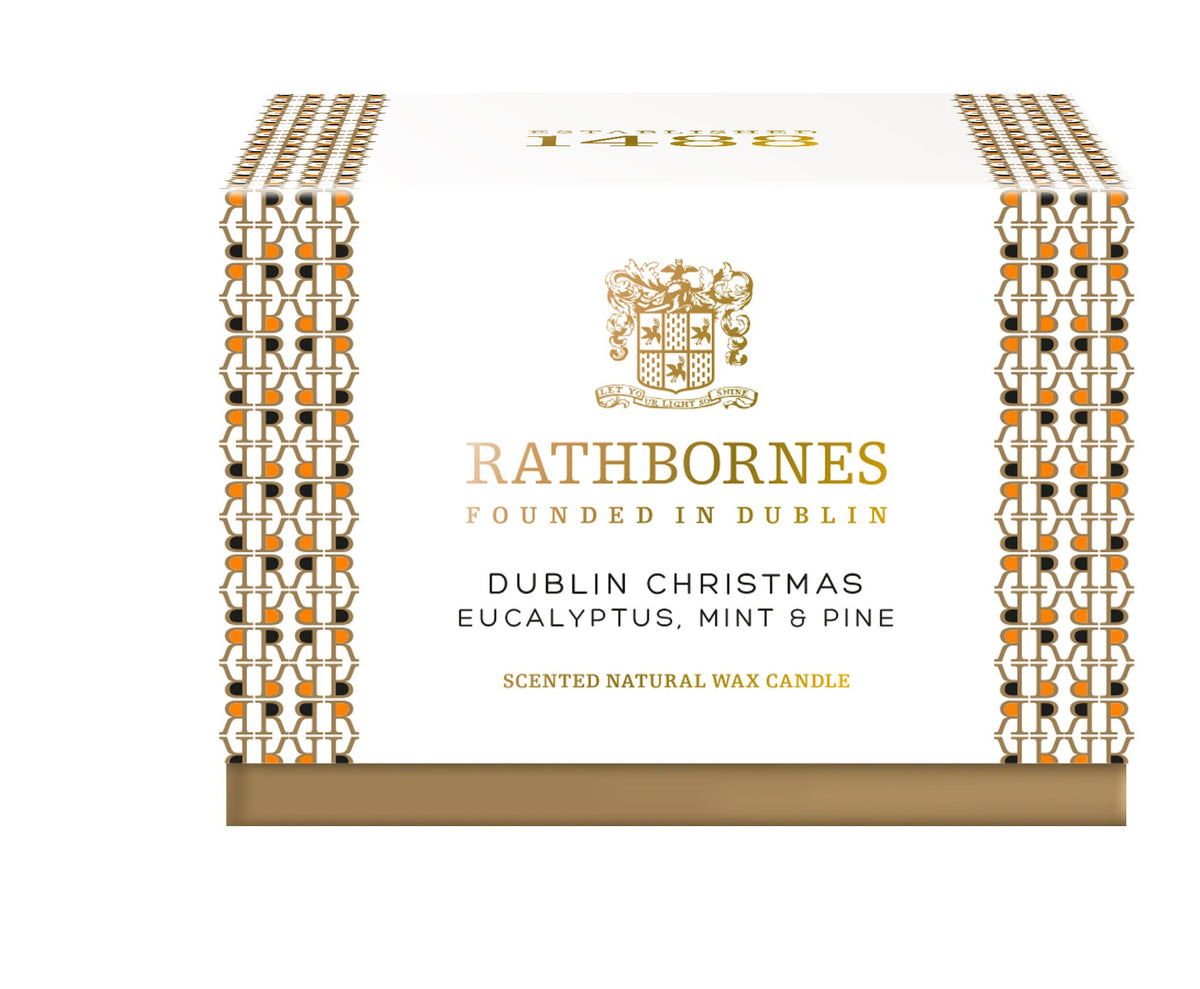 Rathbornes Dublin Christmas Scented Luxury Candle 390g | Natural Wax Clean-Burn Holyday Festive Celebration Fragrances of Eucalyptus Cinnamon Mint Orange Spices and Woody Scents Candle