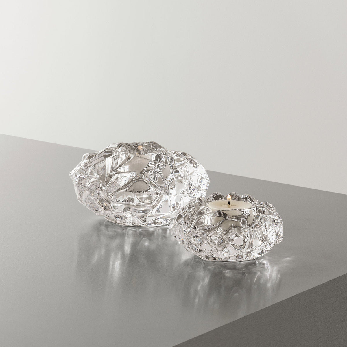 Orrefors Carat Votive close-up showing asymmetrical faceted detail
