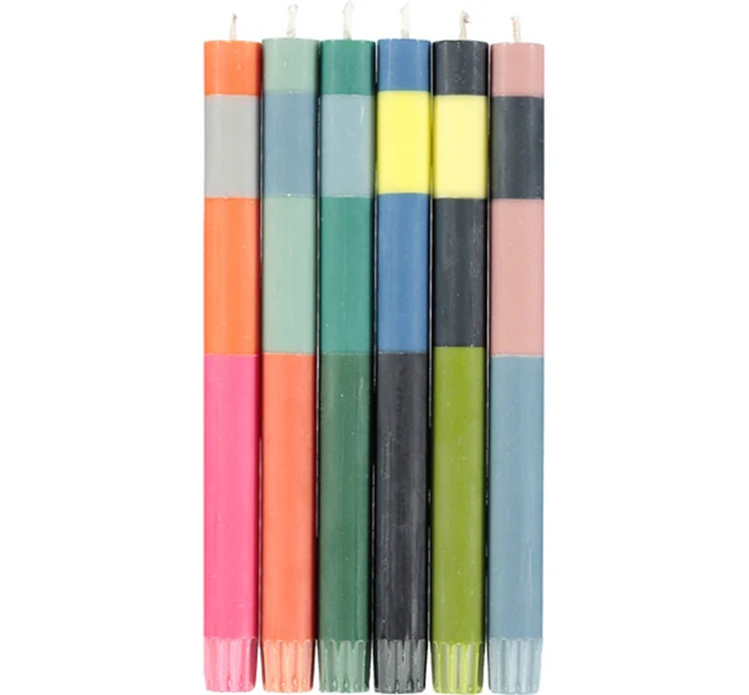 British Colour Standard, Hand-Poured Striped Dinner Candles Abstract Mix - Eco-Friendly Fair Trade Set of 6, 10-Hour Burn Time