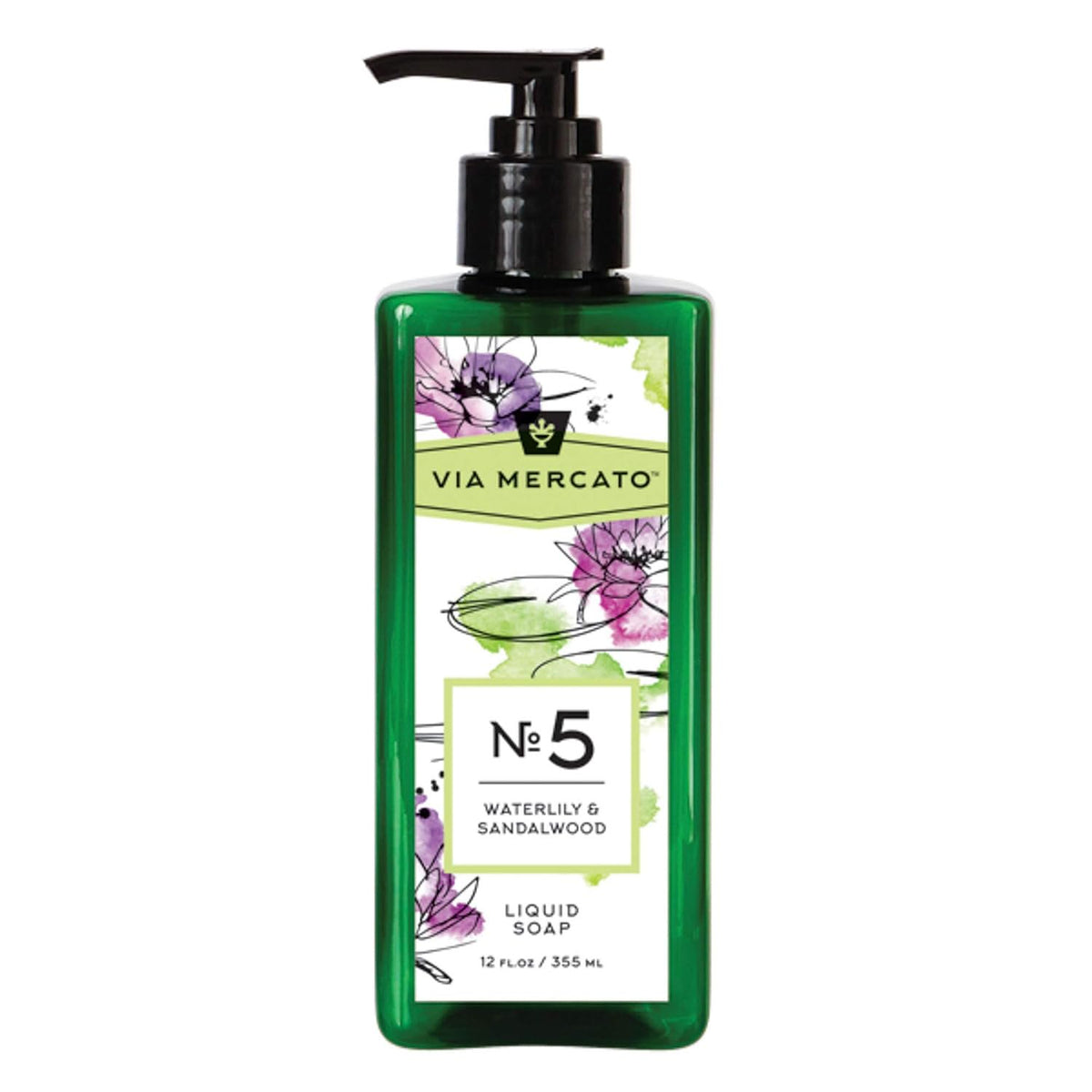 Via Mercato No.5 liquid hand soap 12oz waterlily sandalwood shea butter Italy green pump bottle