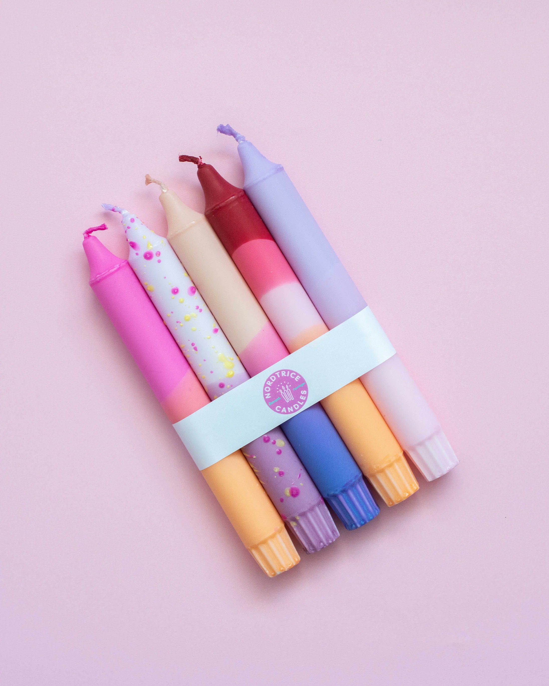 Set of five Nordtrice handmade pastel sunset taper candles natural wax gift set