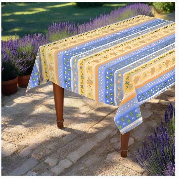 Le Cluny Monaco Blue Coated Provencal Tablecloth | Easy-Care Cotton | Multi-Size