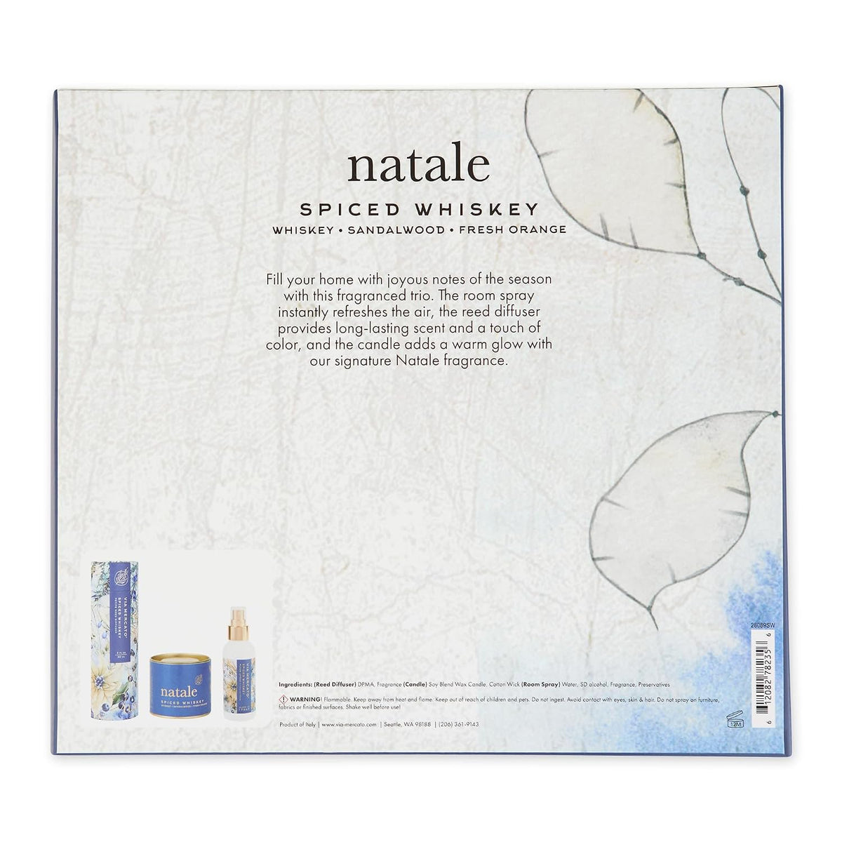 Via Mercato Natale Spiced Whiskey Home Fragrance Gift Set | Candle, Diffuser & Spray