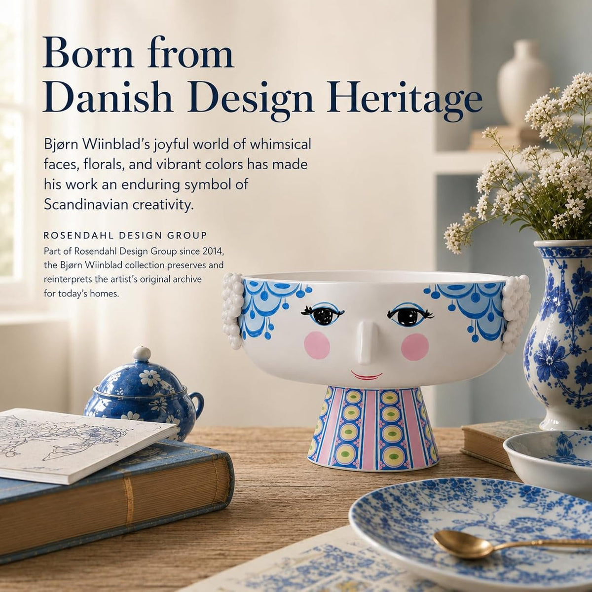 Bjørn Wiinblad Eva Bowl on Stand | Hand-Painted Glazed Ceramic | Blue | 9.4 in