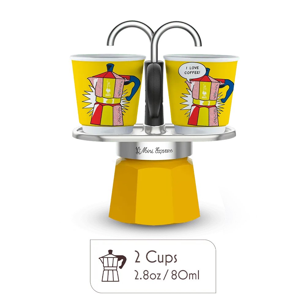 Bialetti - Mini Express Lichtenstein: Moka Set (Coffee Maker 2-Cup (2.8 Oz), Yellow)