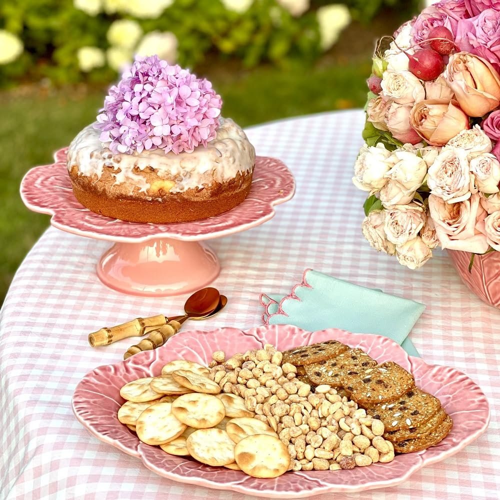 Bordallo Pinheiro Cabbage Pink Cake Stand and platter on table