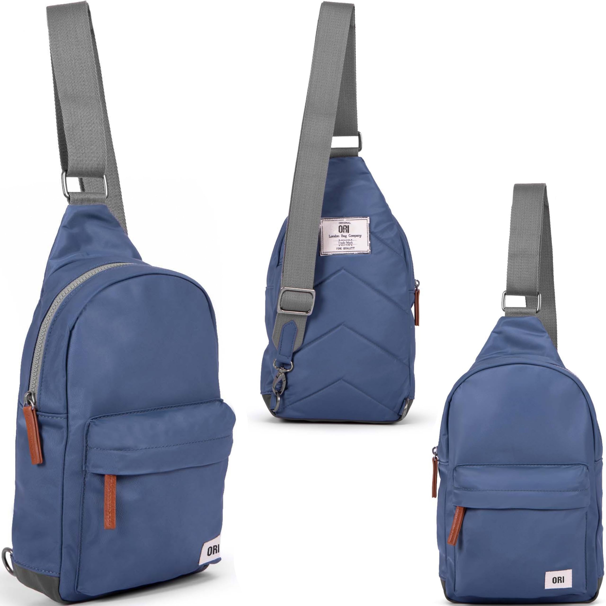 ORI London Willesden crossbody sling bag in airforce blue with chunky zippers and nylon body