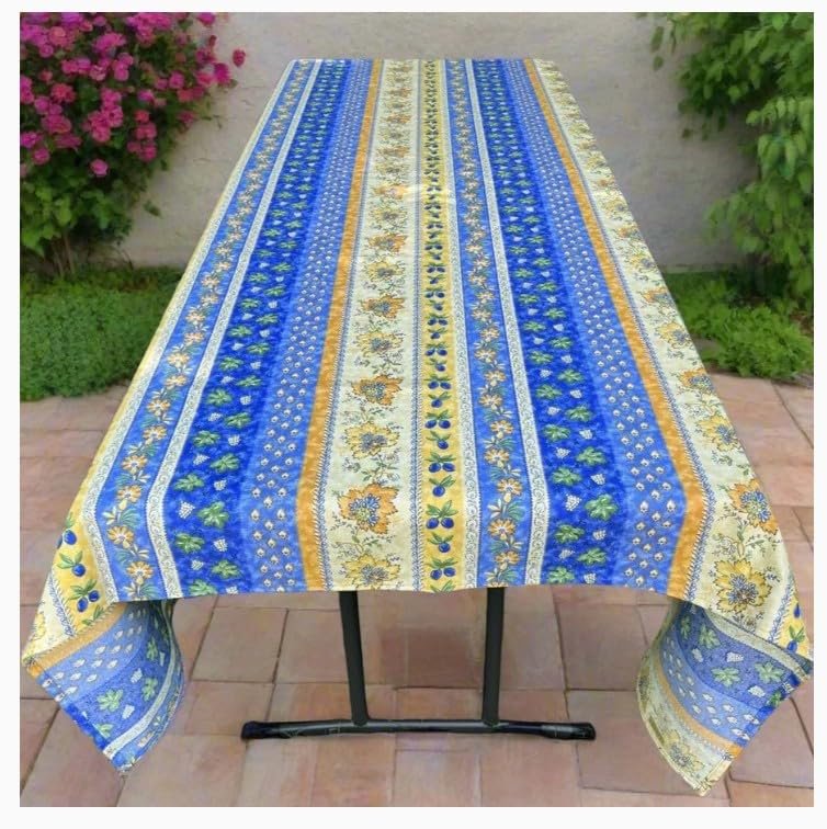 Le Cluny Monaco Blue Coated Provencal Tablecloth | Easy-Care Cotton | Multi-Size