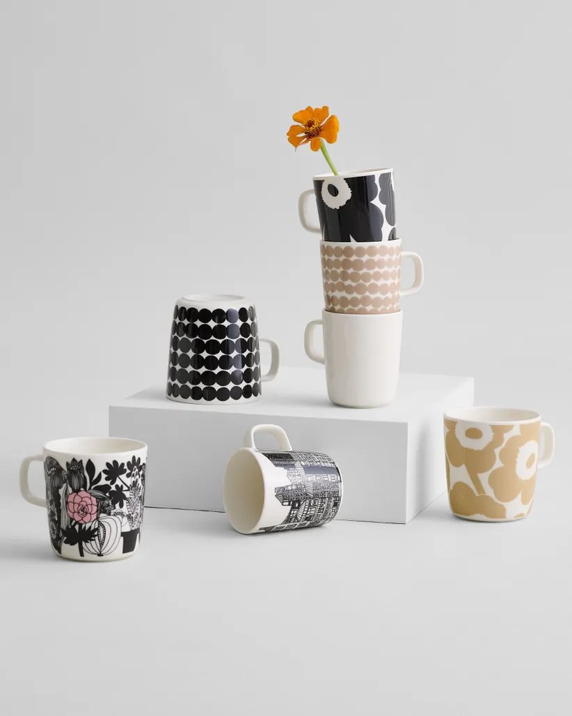 MARIMEKKO Oiva/Unikko Mug,  2.5 dl (8.8oz) Multicolor Flower Design Stoneware Coffee Cup