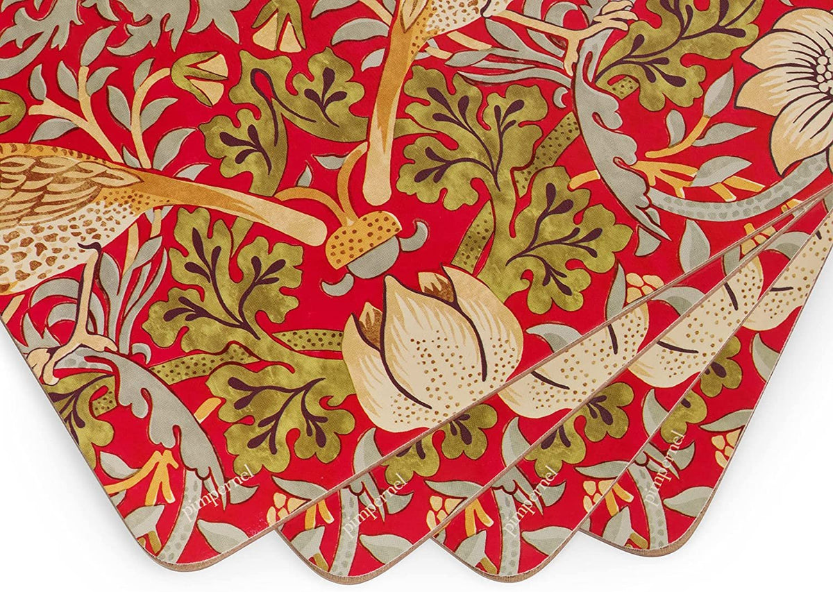 Pimpernel Morris & Co Strawberry Thief Red Collection Placemats | Set of 4 | Heat Resistant Mats | Cork-Backed Board | Hard Placemat Set for Dining Table | Measures 15.7” x 11.7”