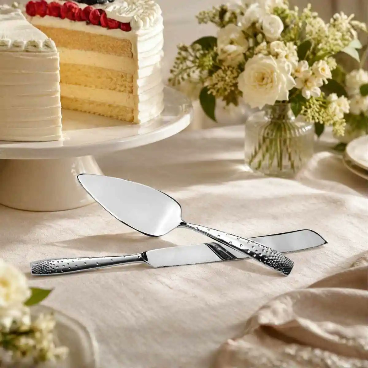 Nambé Dazzle Cake Server close-up showing mirror-polished handle detail
