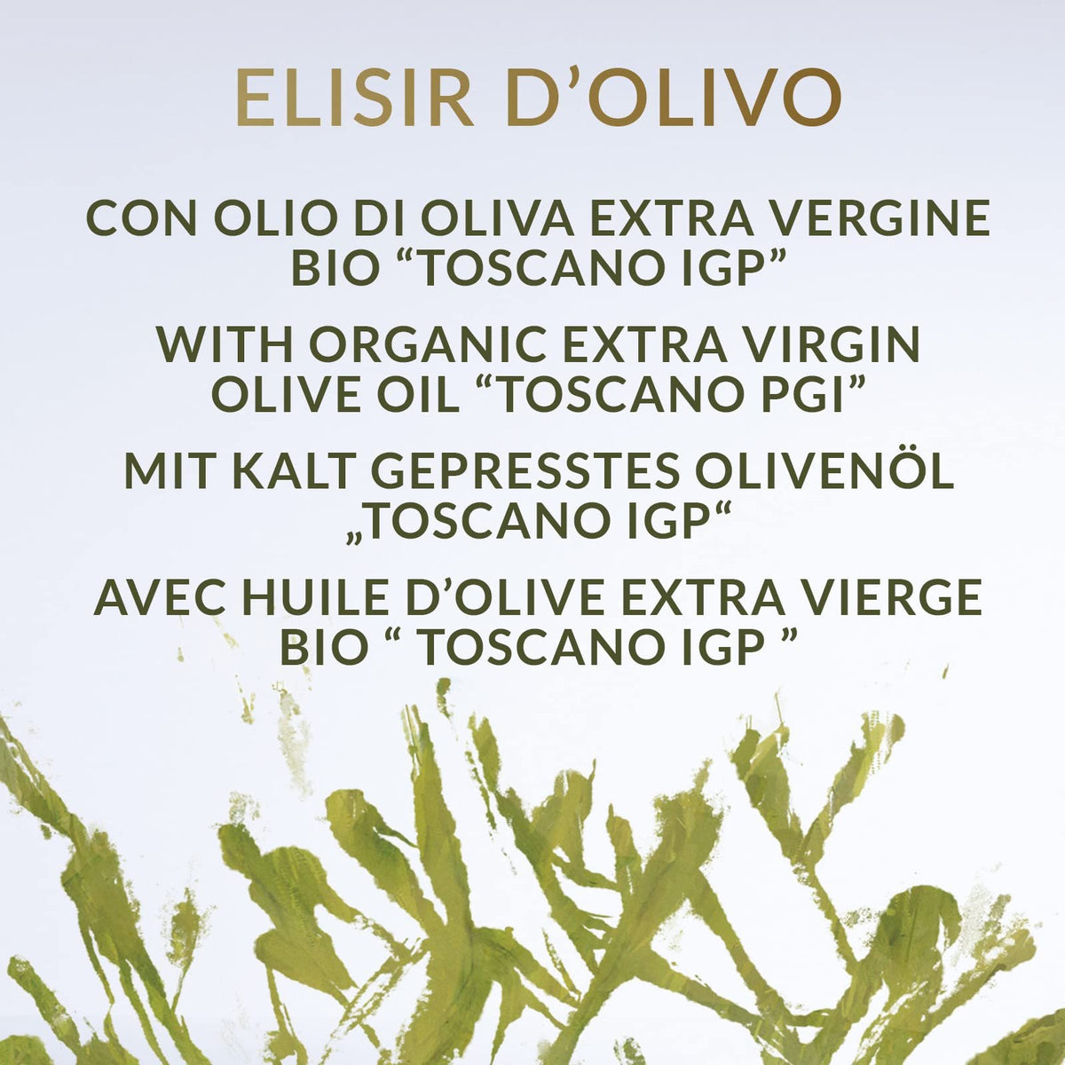 Erbario Toscano Elisir d'Olivo body oil bottle detail Tuscan PGI olive
