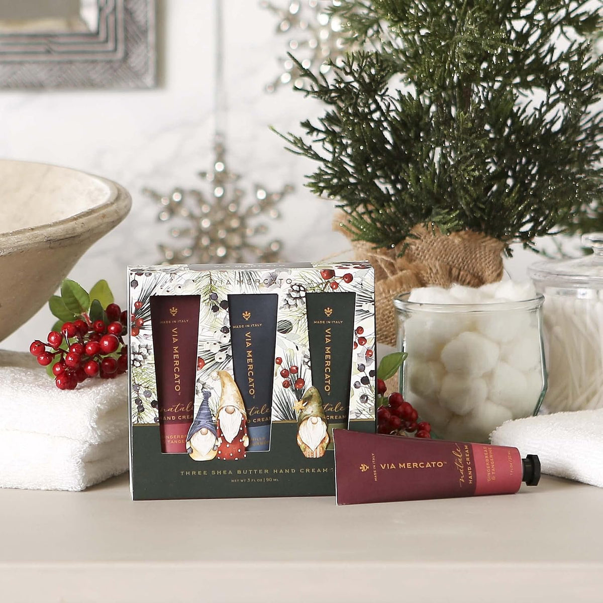 Via Mercato Natale gnomes hand cream set styled as holiday gift French artisanal heritage festive
