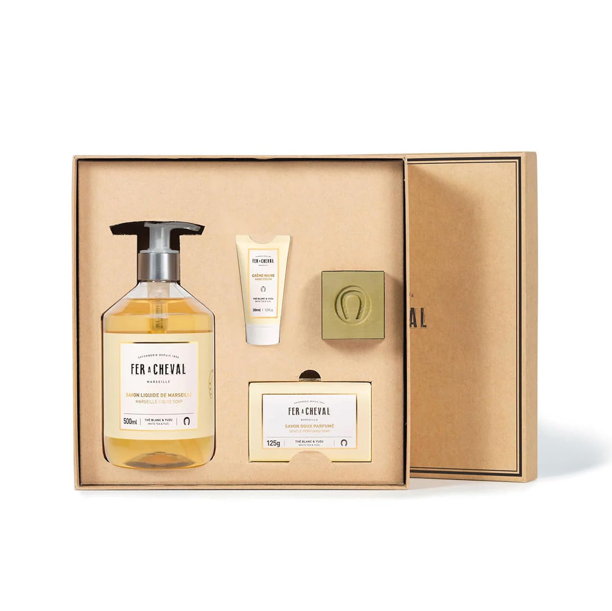 Fer a Cheval Pure Olive White Tea Yuzu Gift Box 4 Piece Marseille Soap Collection France