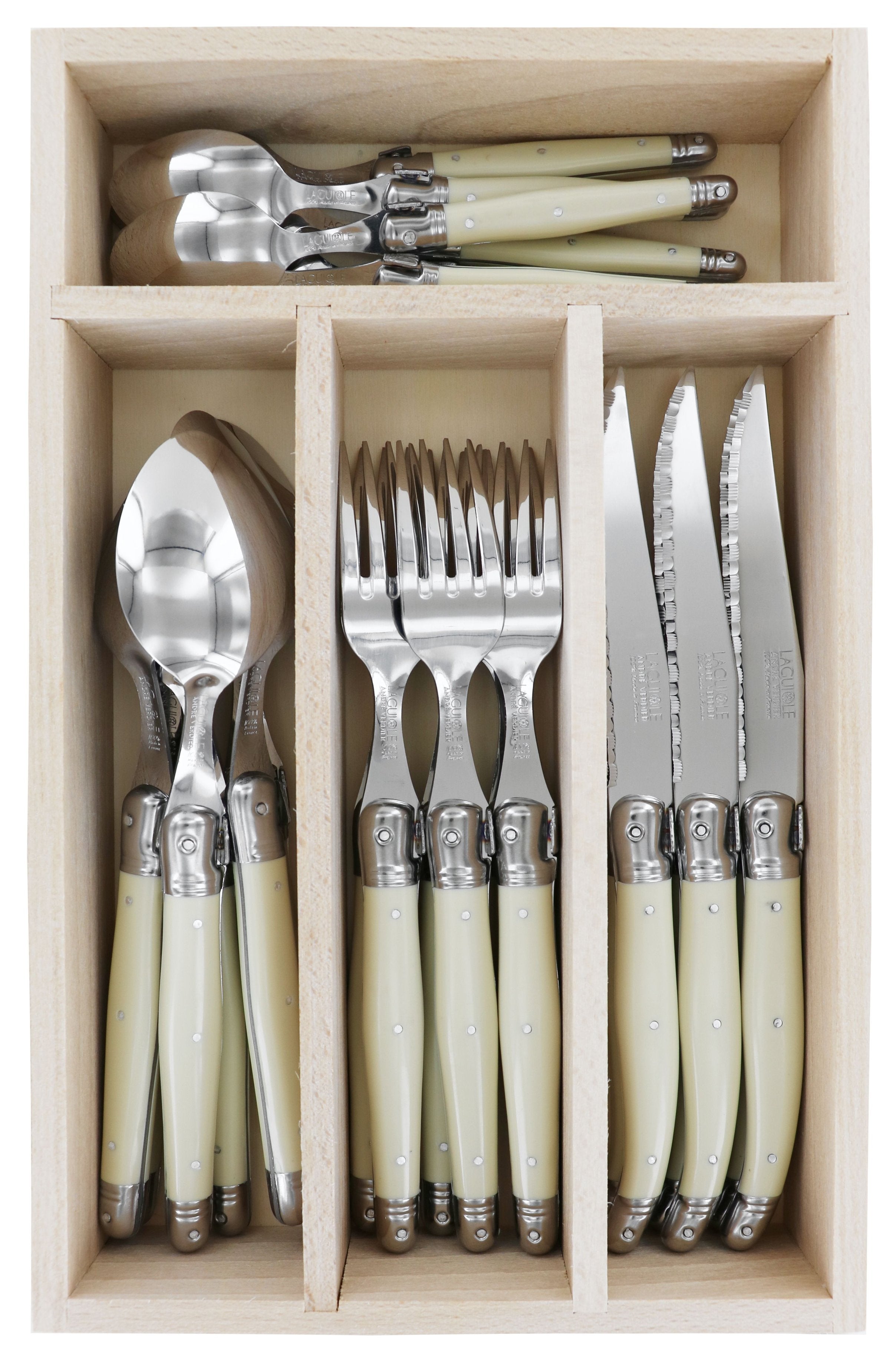 Andre Verdier Laguiole Debutant Flatware Set 4 Piece Place Setting | Service for 6 (24 Pieces) | Ivory Handle