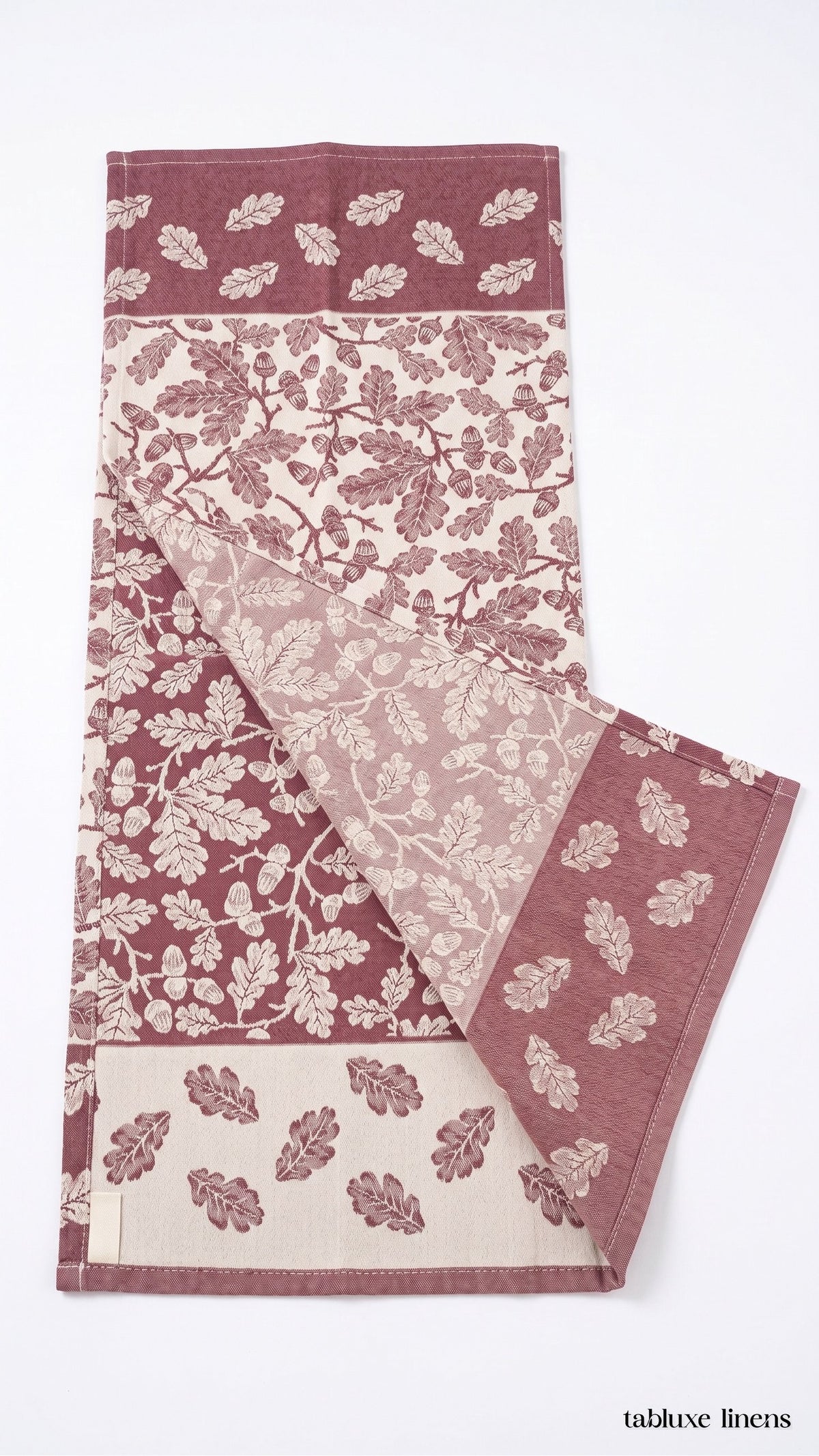 Busatti Rovere Burgundy jacquard towel showing front and reverse side of the weave