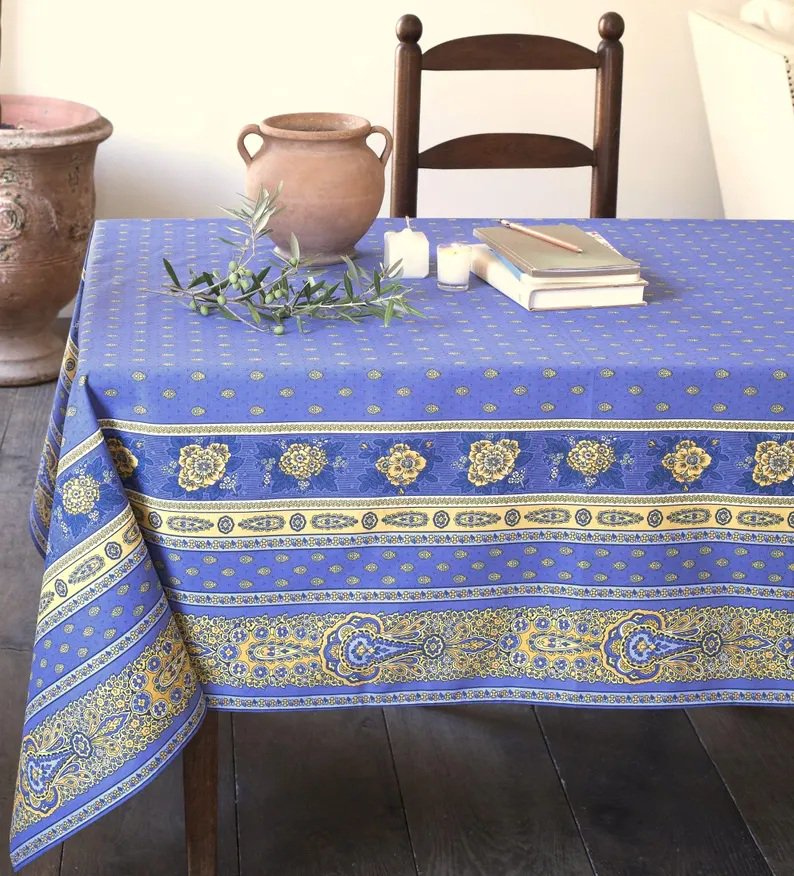 Rectangular Tablecloth Bastide Lavande Blue 59" x 118" Cotton Coated French Oilcloth Tablecloth, Easy-Care Spill Resistant Wipeable, Blue Yellow by Tissus Toselli Home Decor