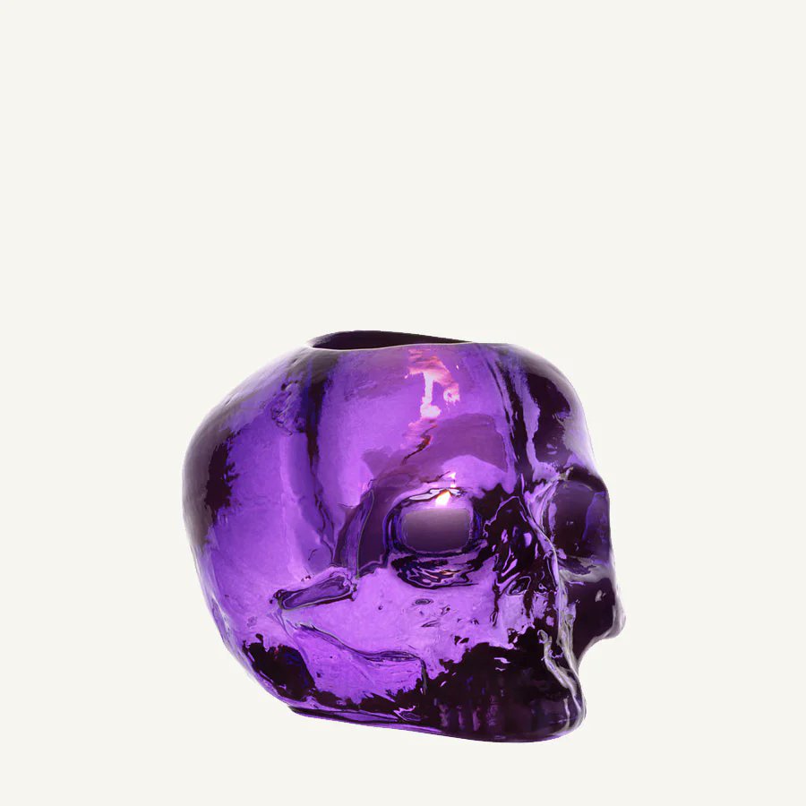 Kosta Boda Still Life skull-shaped glass votive candle holder in purple – designed by Ludvig Löfgren