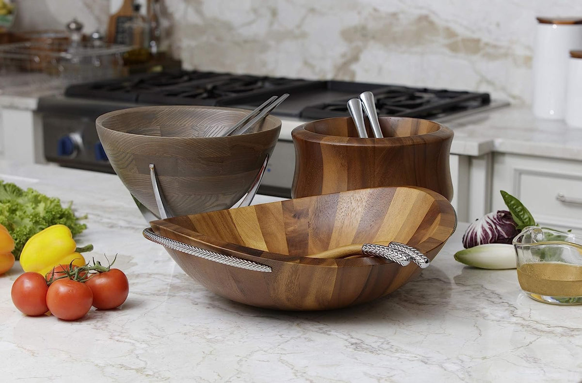 Nambé Nara Salad Bowl with Servers | Acacia Wood & Alloy |  3 Piece Set
