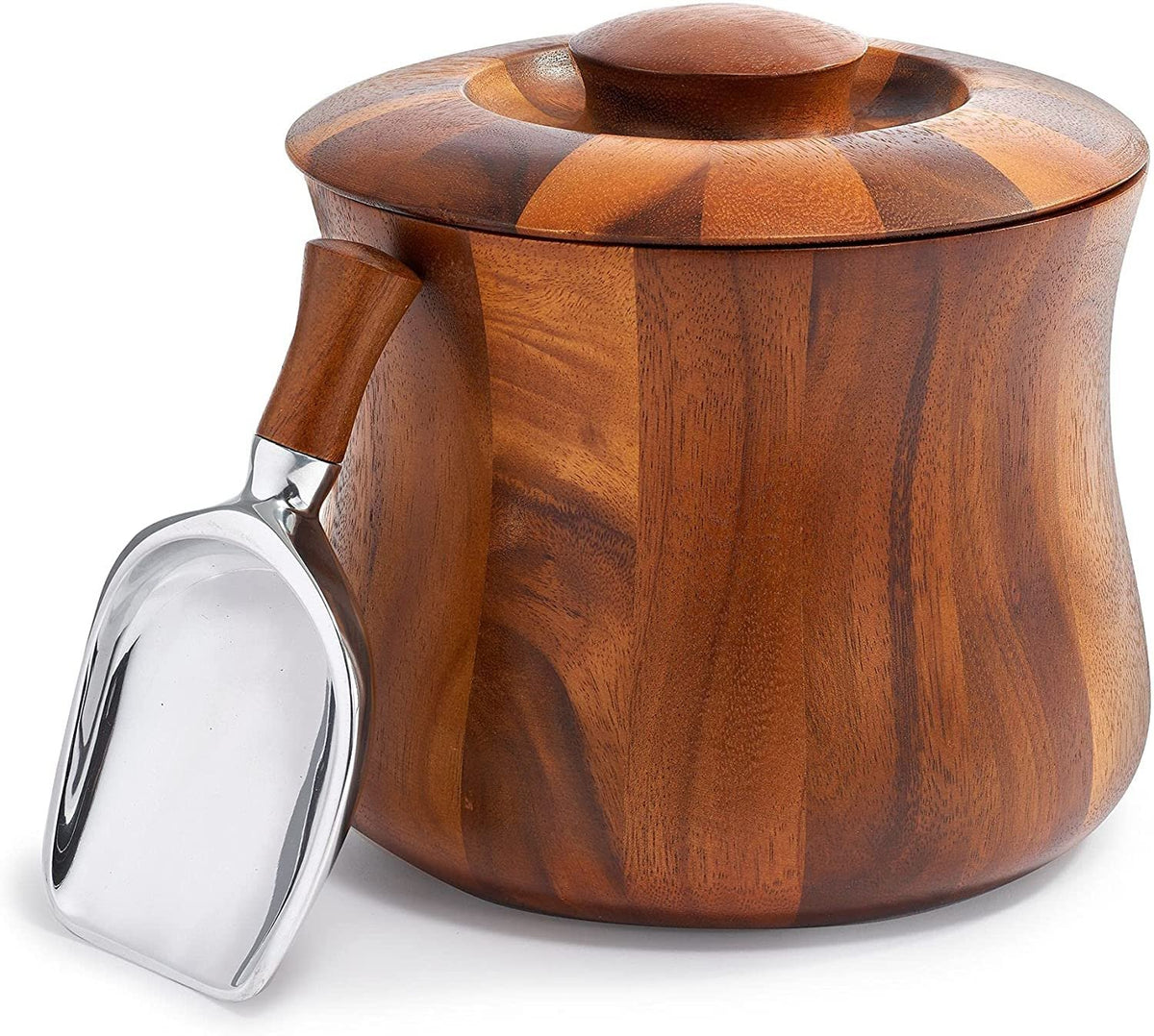 Nambé Nara Ice Bucket close-up showing curved acacia wood detail
