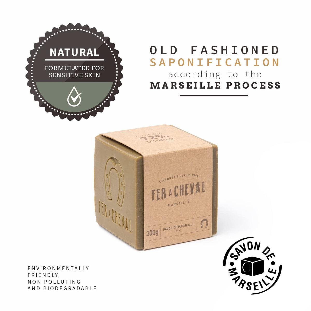 Fer a Cheval Pure Olive Marseille Cube Soap 300g Showing Natural Plant Based Formula
