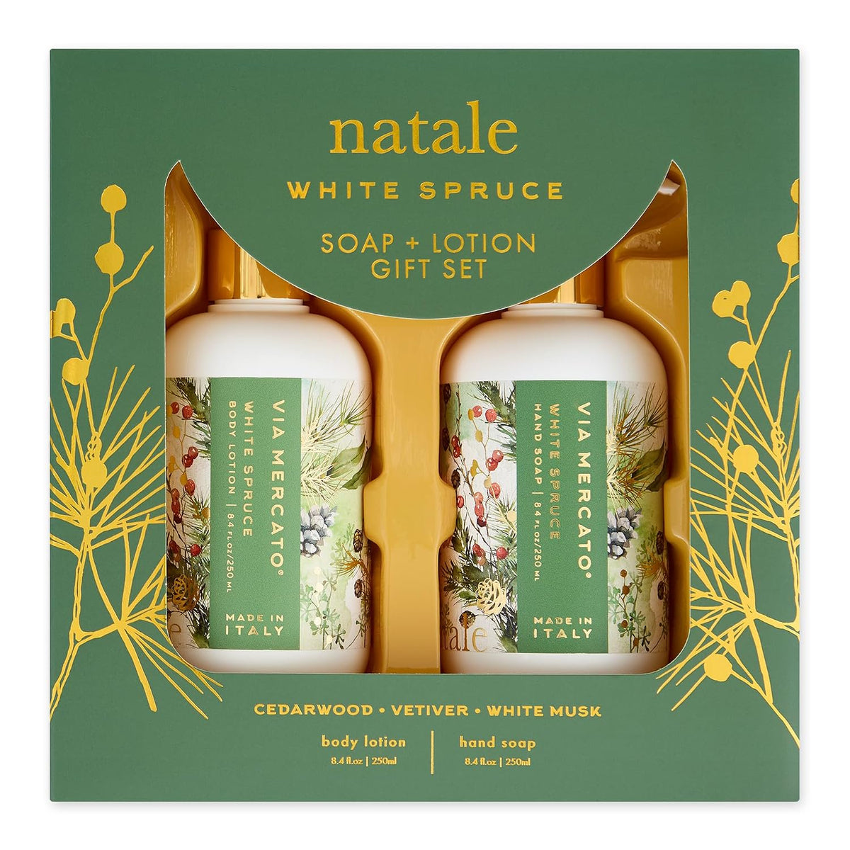 Via Mercato Natale White Spruce hand soap body lotion set styled as hostess housewarming holiday gift