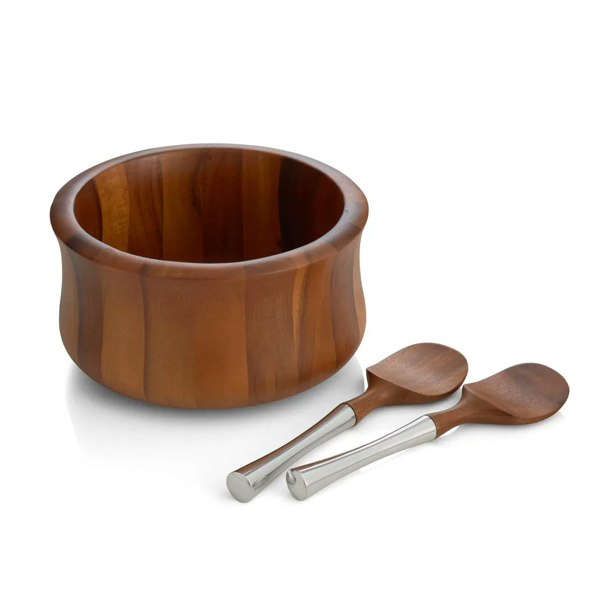 Nambé Nara Salad Bowl with servers in acacia wood and alloy