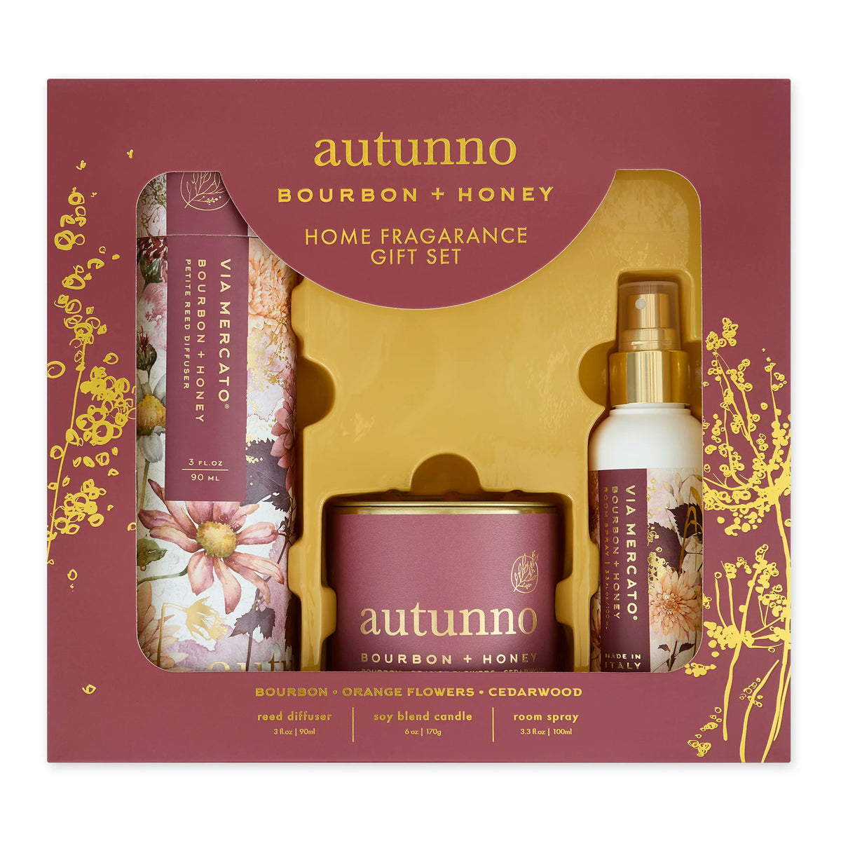 Via Mercato Autunno Bourbon Honey home fragrance gift set candle reed diffuser room spray Italy box