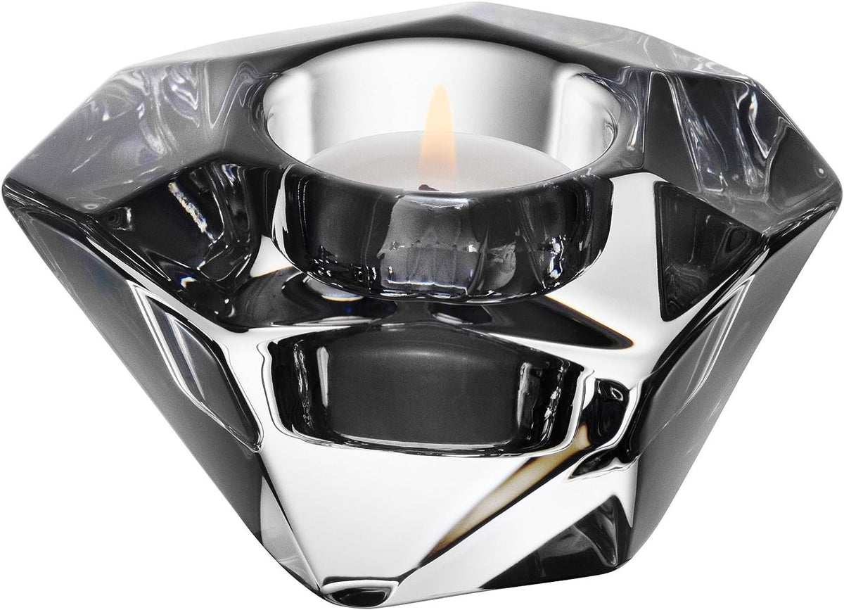 Orrefors Precious Votive styled with lit candle on table
