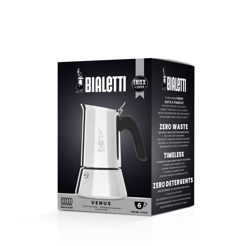 Venus Induction, Stovetop Coffee Maker, Suitable for all Types of Hobs, Stainless Steel, 6 Cups (7.9 Oz), Silver