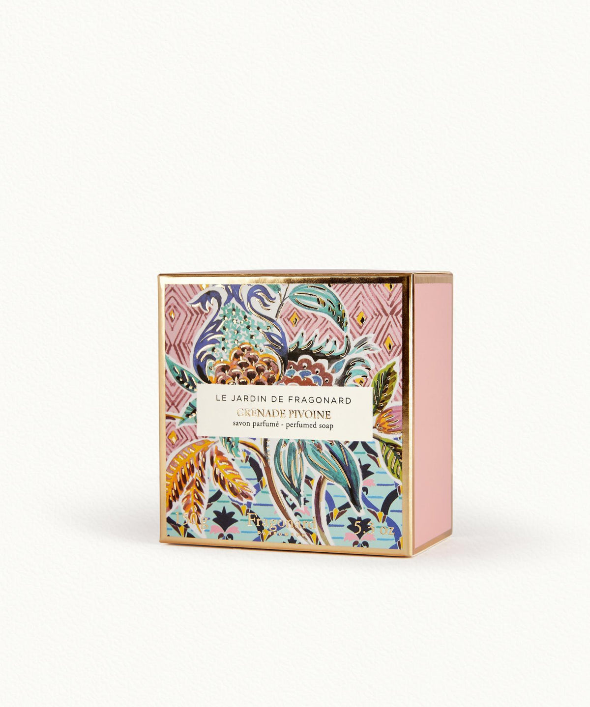 Fragonard Grenade Pivoine 150g soap bar close-up engraving with decorative packaging