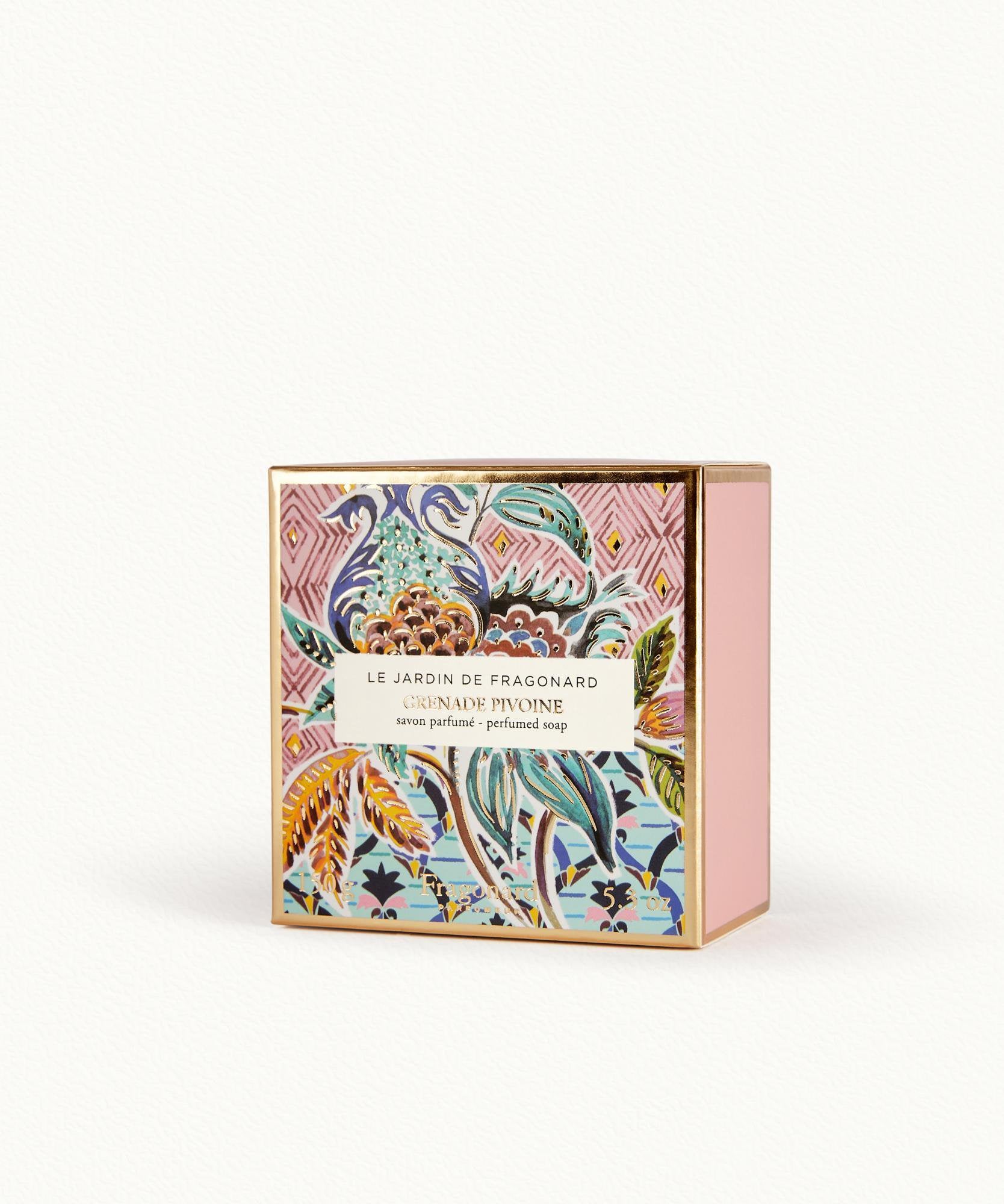 Fragonard Grenade Pivoine 150g soap bar close-up engraving with decorative packaging
