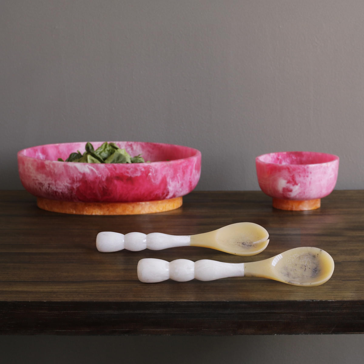 Beatriz Ball RESIN Rio Bubble Salad Servers white styled on dining table entertaining