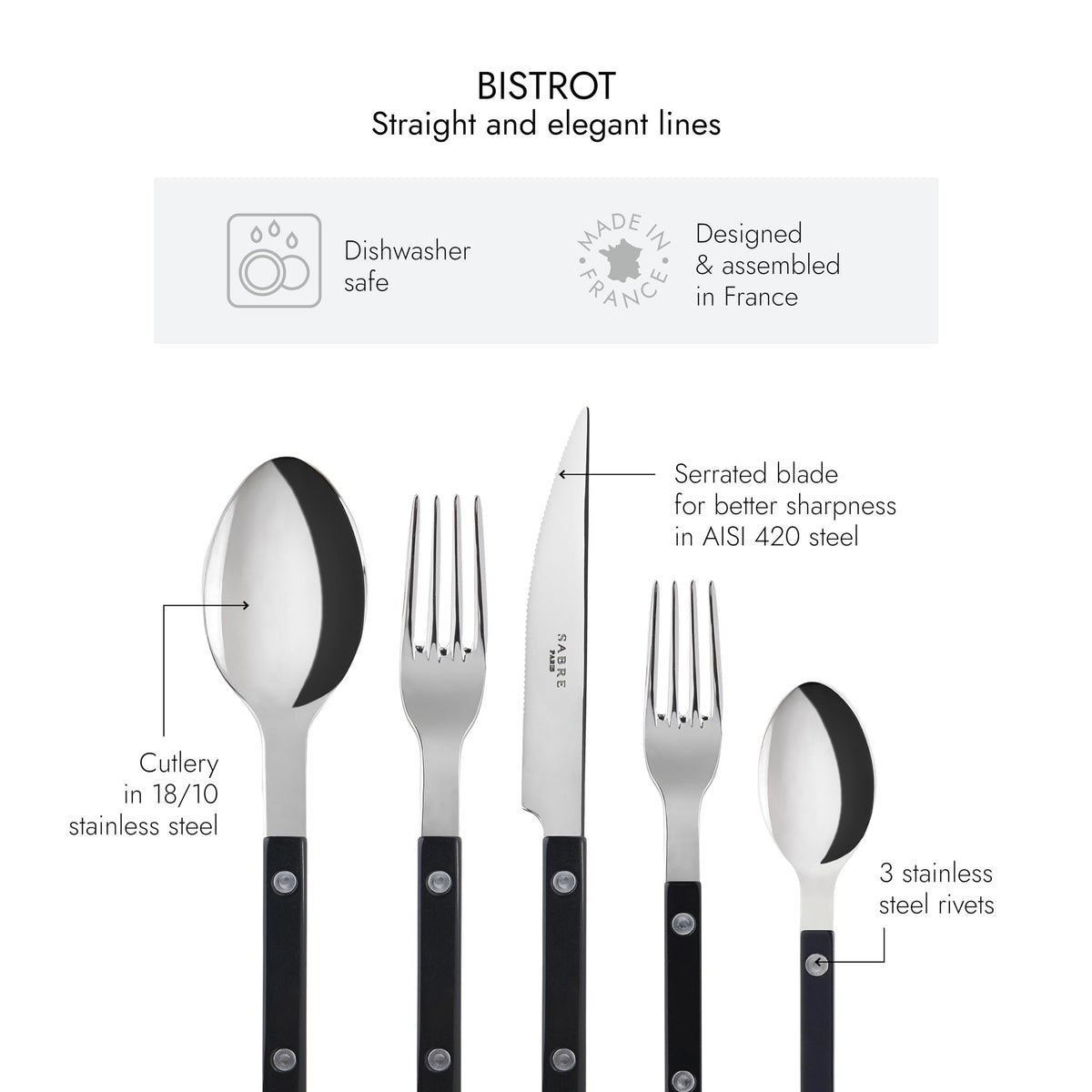 SABRE PARIS - 20-Piece Flatware Set for 4 Green Fern  - Bistrot Collection - Knife, Fork, Soup Spoon, Teaspoon & Dessert Fork - Stainless Steel & Nylon - Dishwasher Safe - Green Fern - Shiny Finish