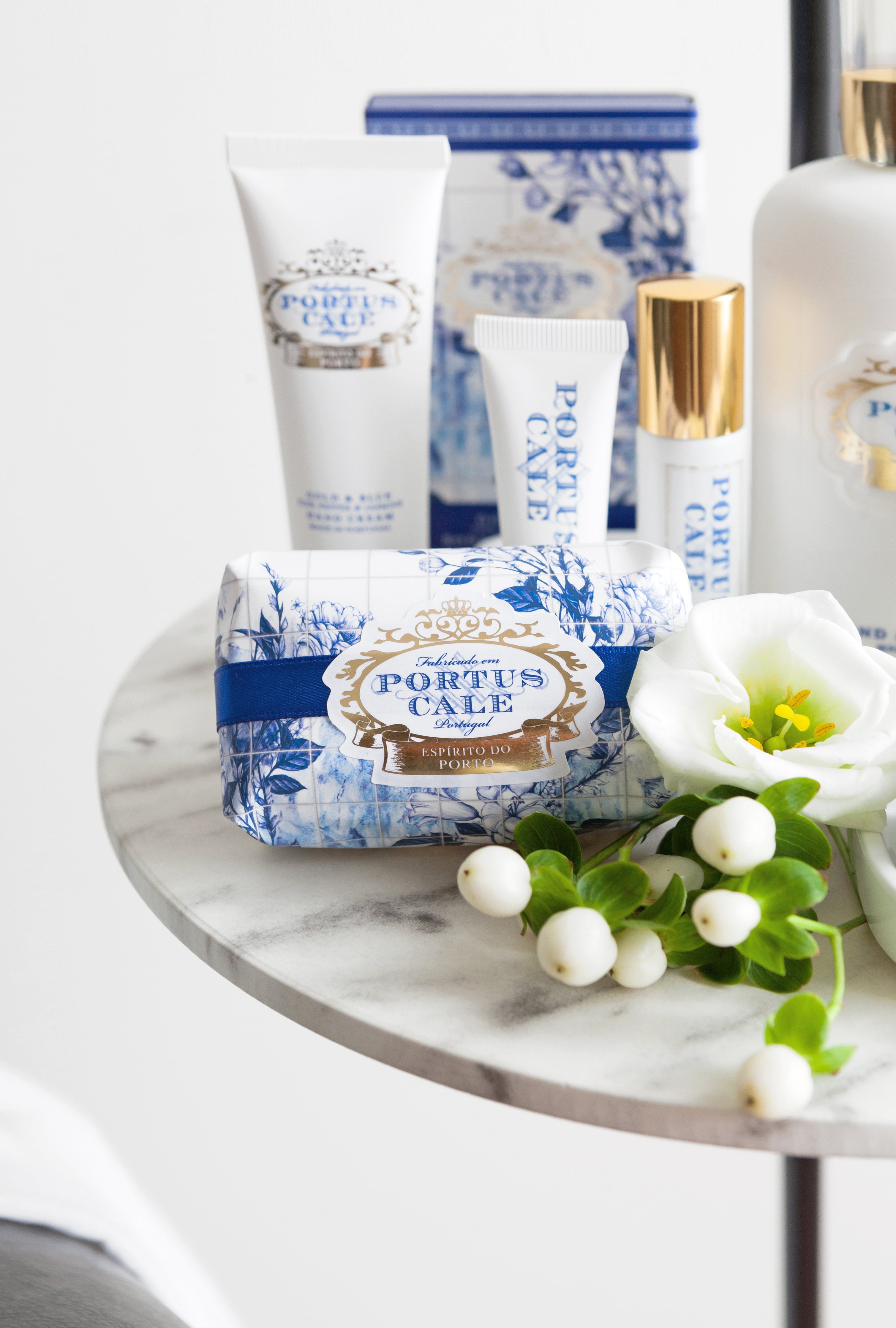 Close-up of Portus Cale Gold & Blue hand cream tube — 60 ml