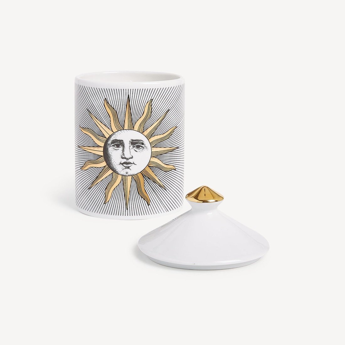 Fornasetti Scented Candle Soli / Sun Decor Aromatic Luxury Candle in a Luxury Vessel Immaginazione Fragrance Woody Noted Small