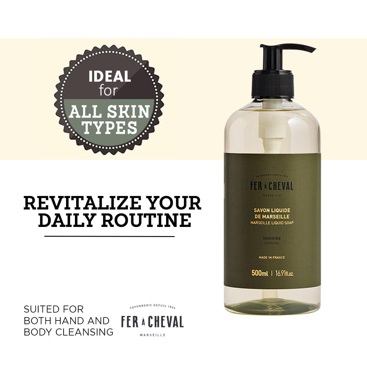 Fer a Cheval Marseille Liquid Soap, Verbena, 500 ml / 16.9 fl oz – Gentle French Hand and Body Wash with Shea Butter – Fresh Citrus Scent