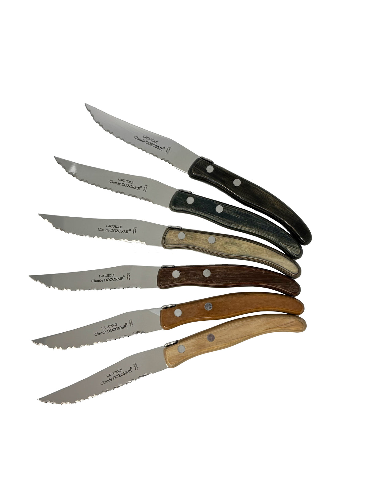 Claude Dozorme Steak Knives Set-6 Berlingot Everwood Mixed Colors Handles and Satinless Steel Blades