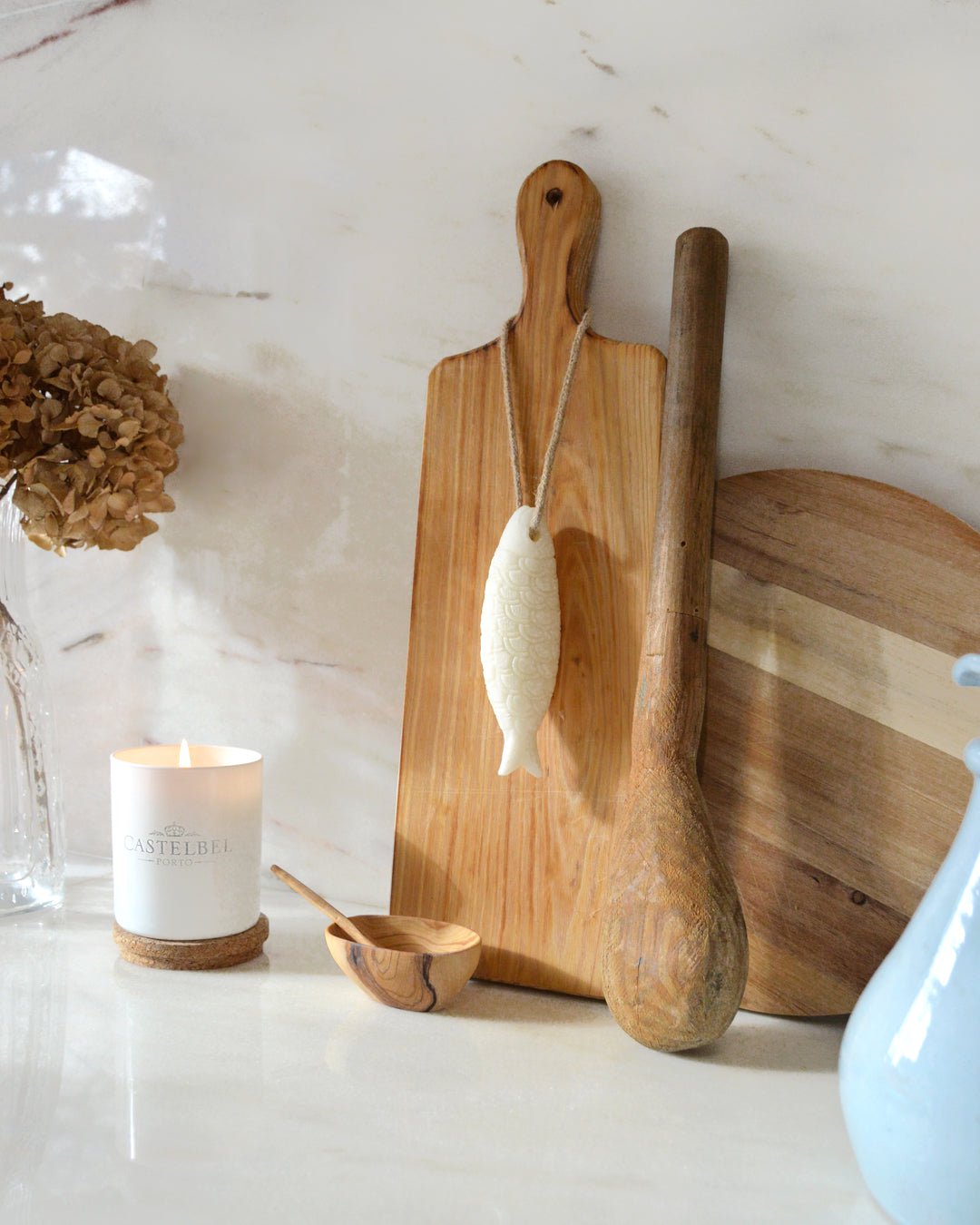 Castelbel Sardine Soap on Rope Showing Sardine Shape and Hanging Rope Faucet Display