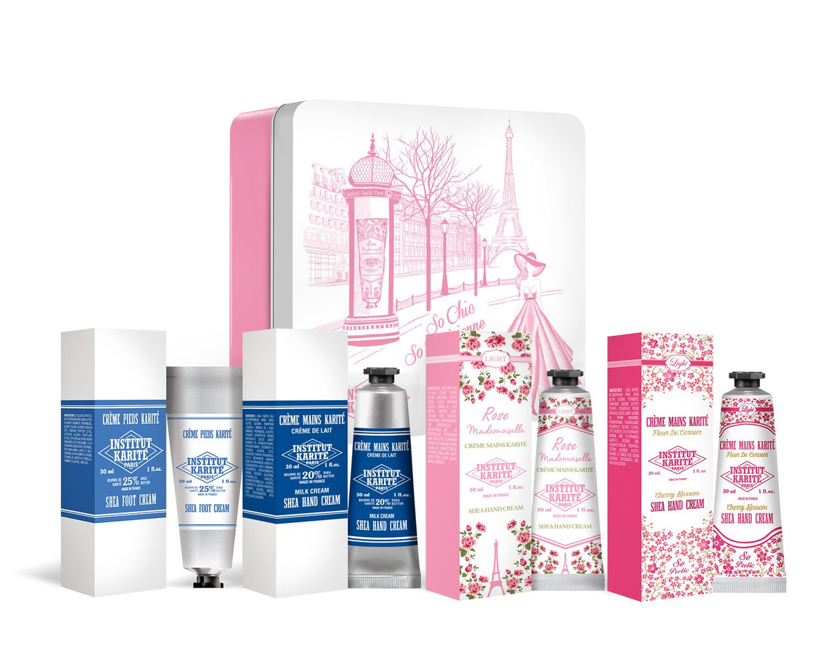 INSTITUT KARITE PARIS Shea Butter Cream for Hand & Body | 4 Creams in a Pink Tin Metal Box Shea Butter 1 Rose, 1 Cherry Blossom, 1 Milk, 1 Foot Milk Cream