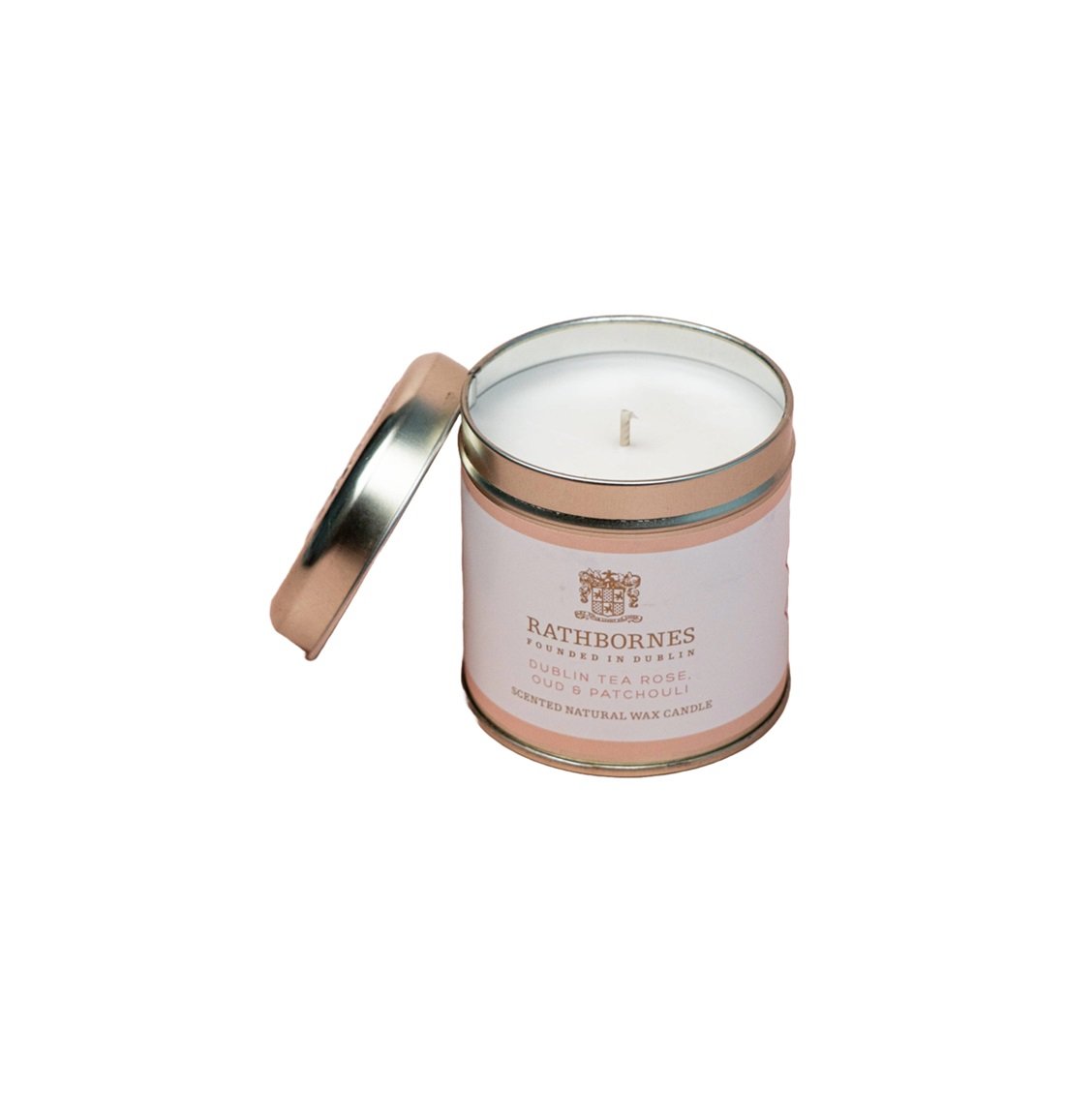 Rathbornes Dublin Tea Rose candle tin natural wax 40 hour burn