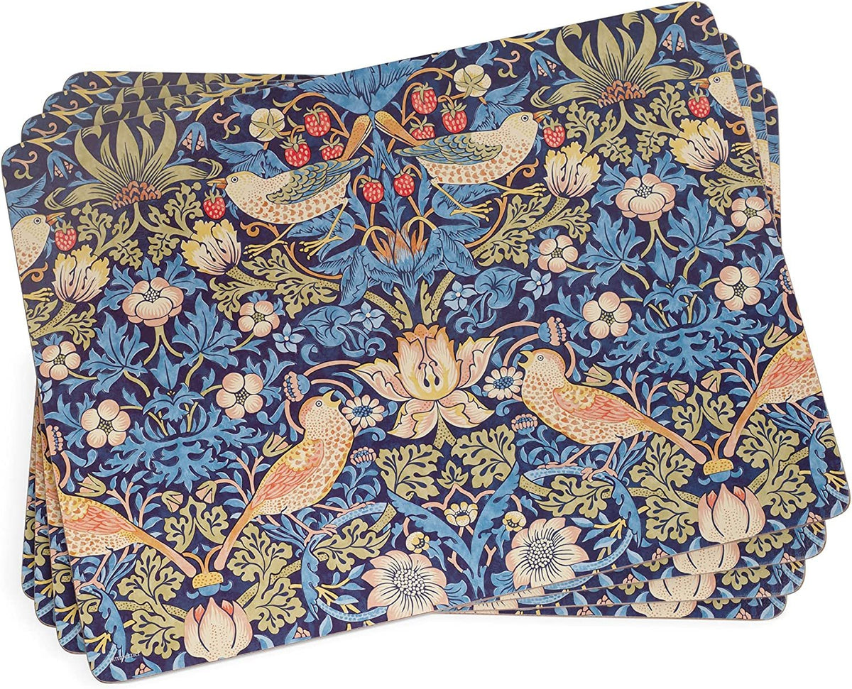 Pimpernel Morris & Co Strawberry Thief Blue Collection Placemats | Set of 4 | Heat Resistant Mats | Cork-Backed Board | Hard Placemat Set for Dining Table | Measures 15.7” x 11.7”