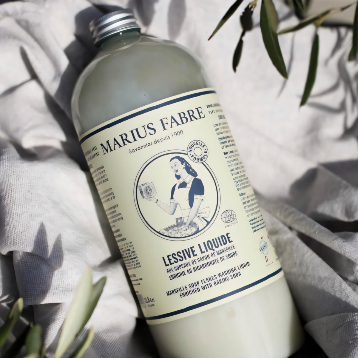 Marius Fabre Washing Liquid bottle close-up, laundry detergent
