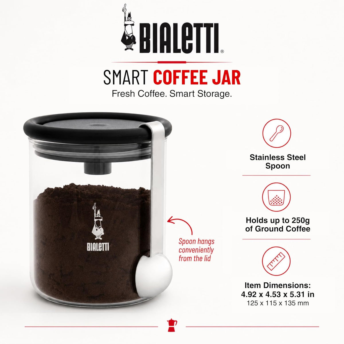 Bialetti Smart Coffee Jar Glass Airtight Canister | 8.8 oz | with Spoon