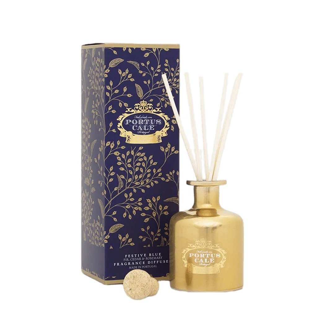 Portus Cale Festive Blue Golden Bottle 100ml Reed Diffuser Scents of Fir, Cedar & Rosemary Home Decor Fragrance