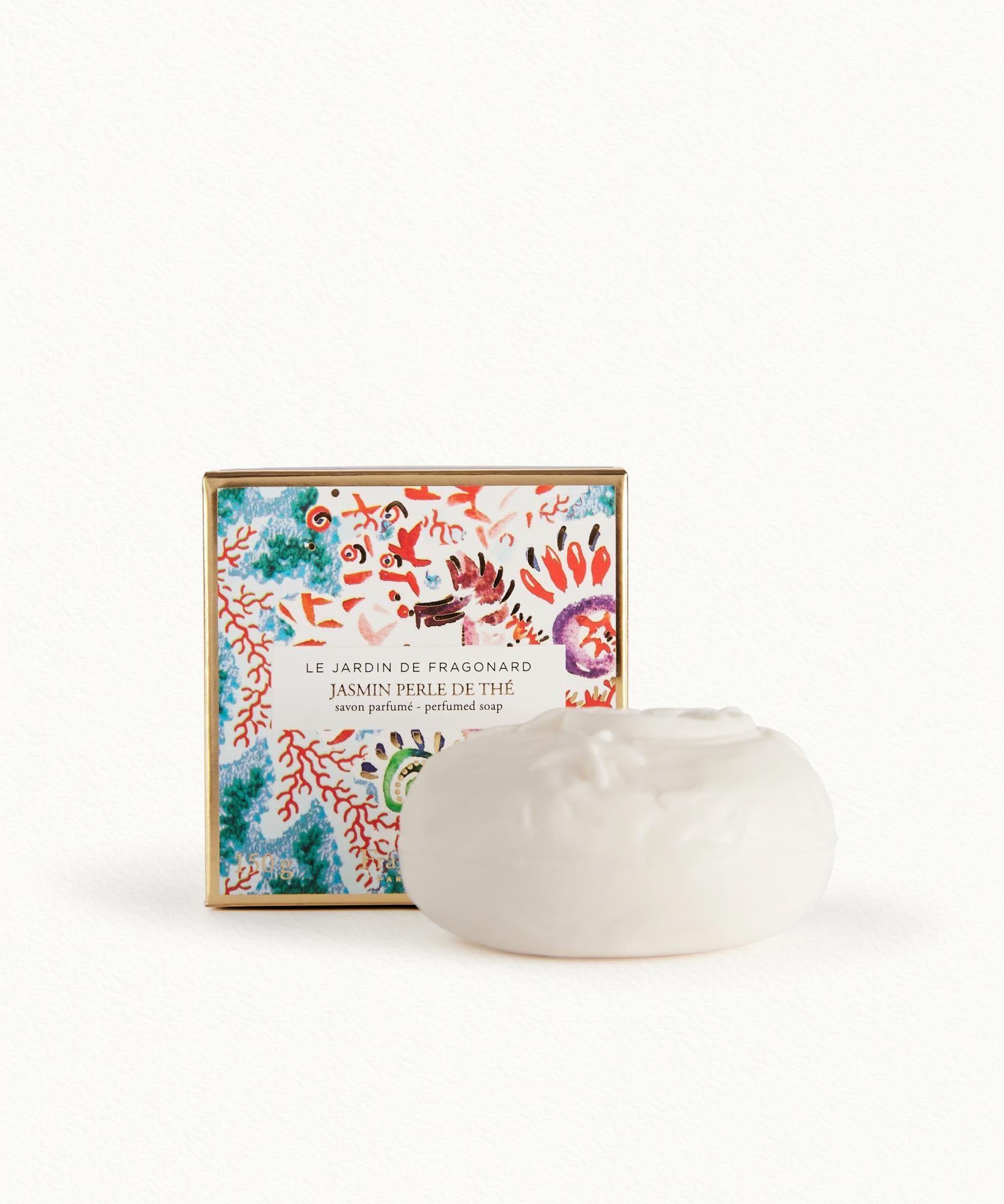Fragonard Jasmin Perle de The perfumed soap 150g in Le Jardin de Fragonard box on white background