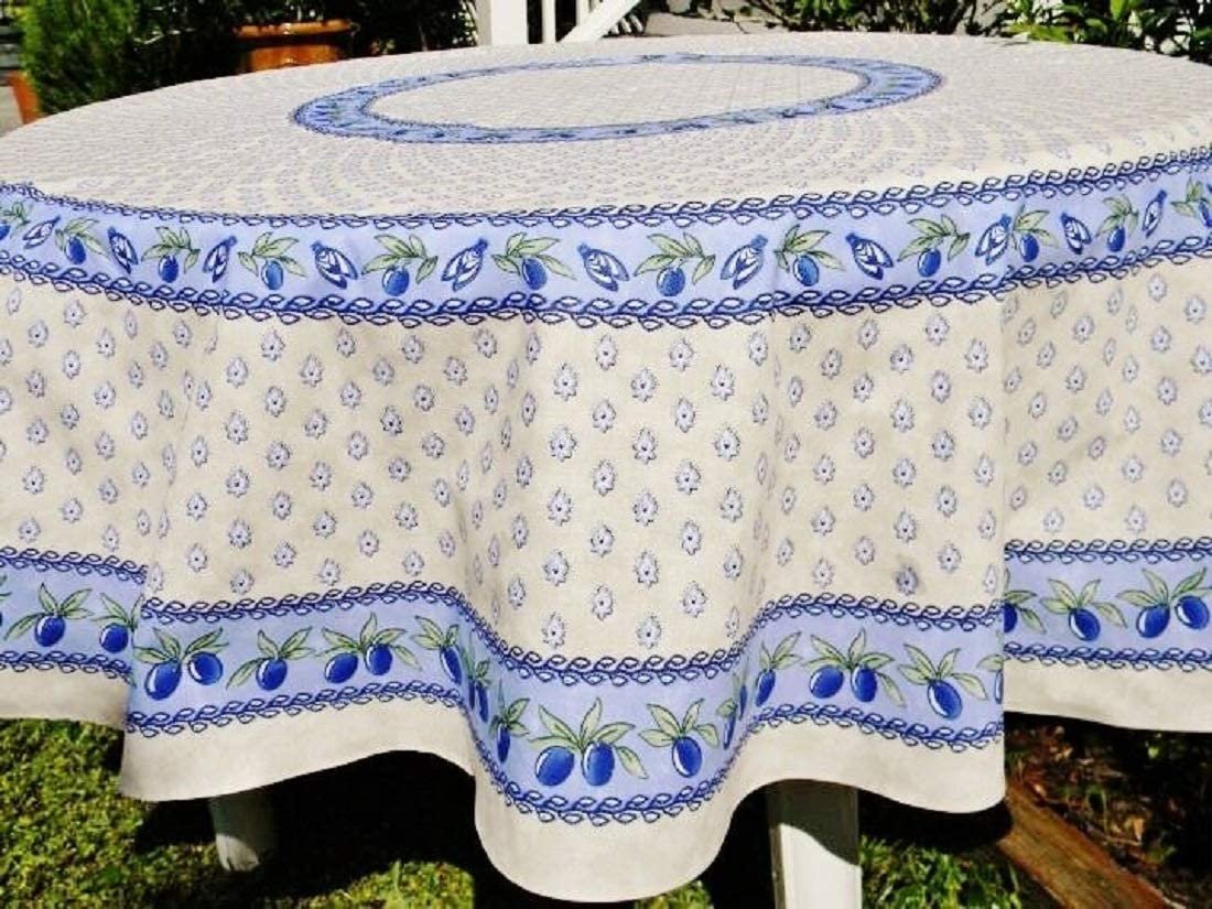 Le Cluny Monaco Cream & Blue Coated Provencal Tablecloth | Easy-Care Cotton | 70" Round