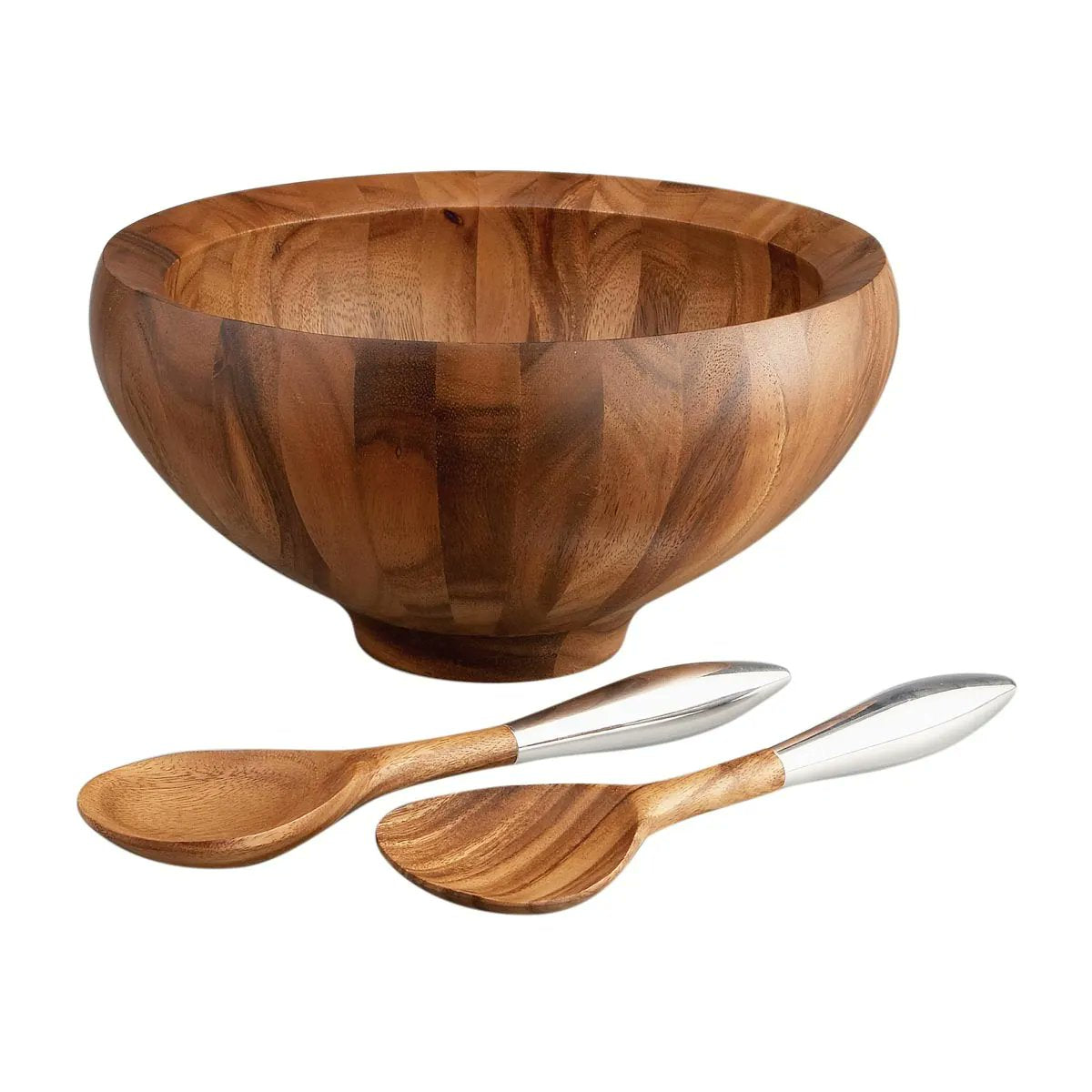 Nambé Yaro Salad Bowl with 2 servers in acacia wood and alloy
