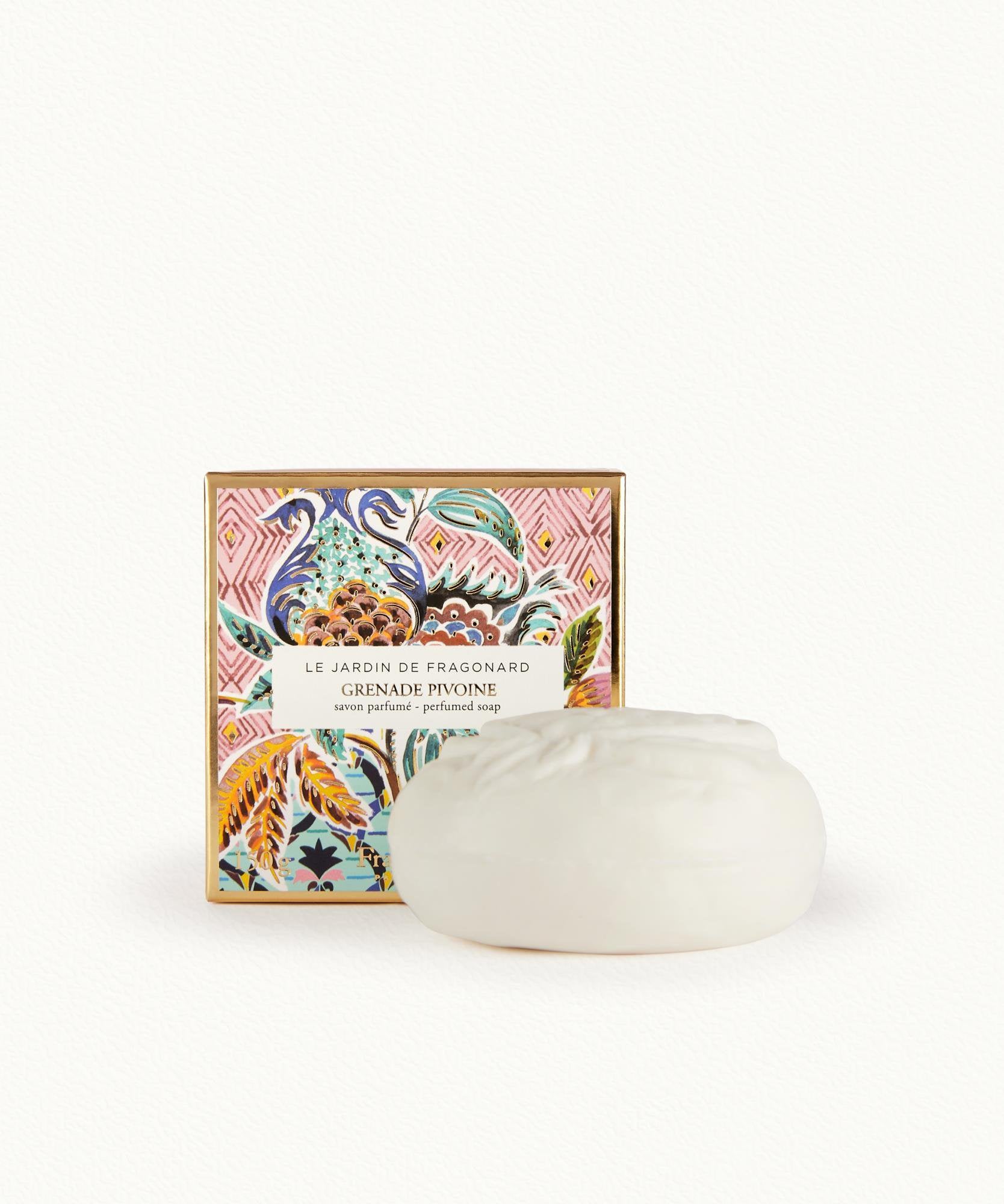 Fragonard Grenade Pivoine perfumed soap 150g in Le Jardin de Fragonard box on white background