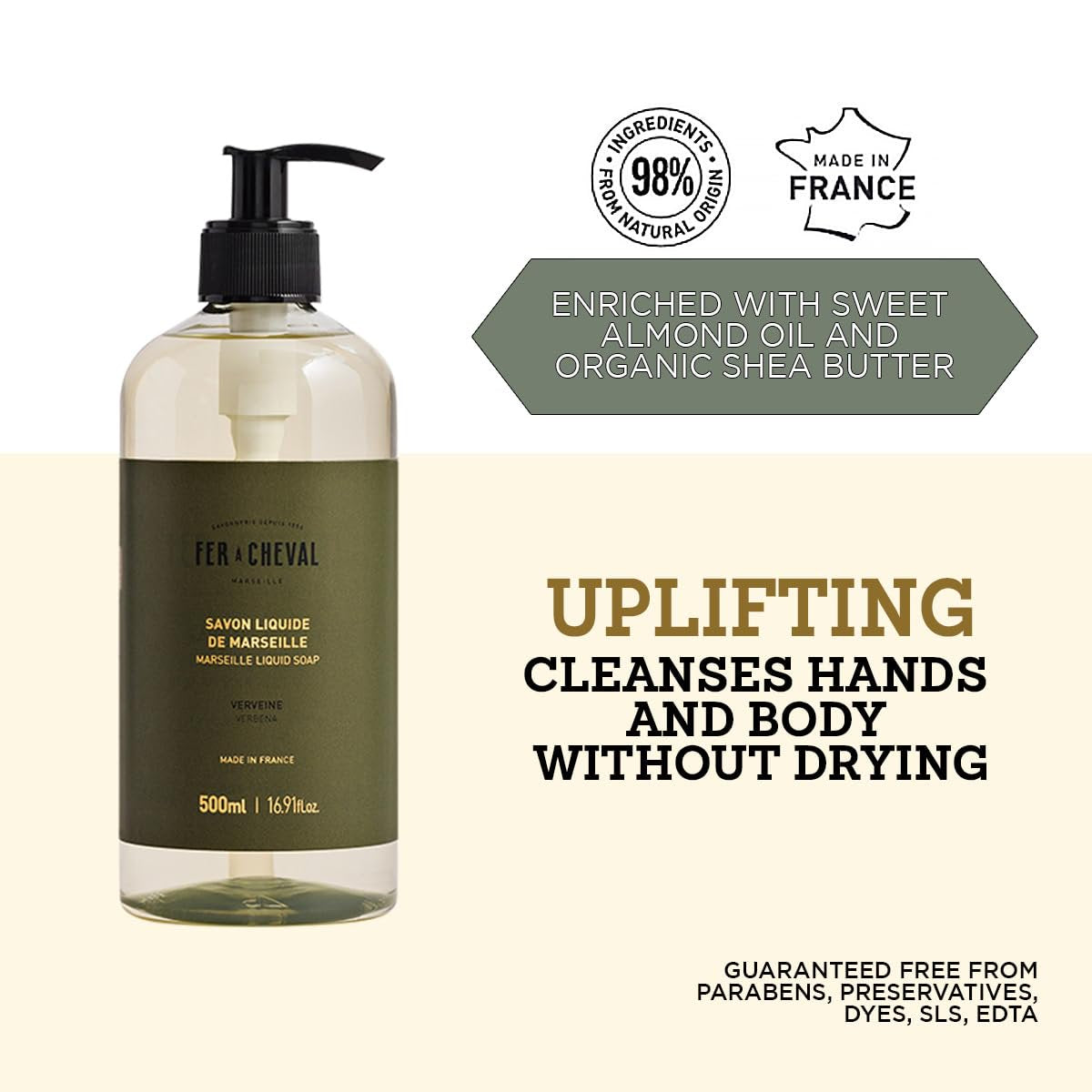 Fer a Cheval Marseille Liquid Soap, Verbena, 500 ml / 16.9 fl oz – Gentle French Hand and Body Wash with Shea Butter – Fresh Citrus Scent